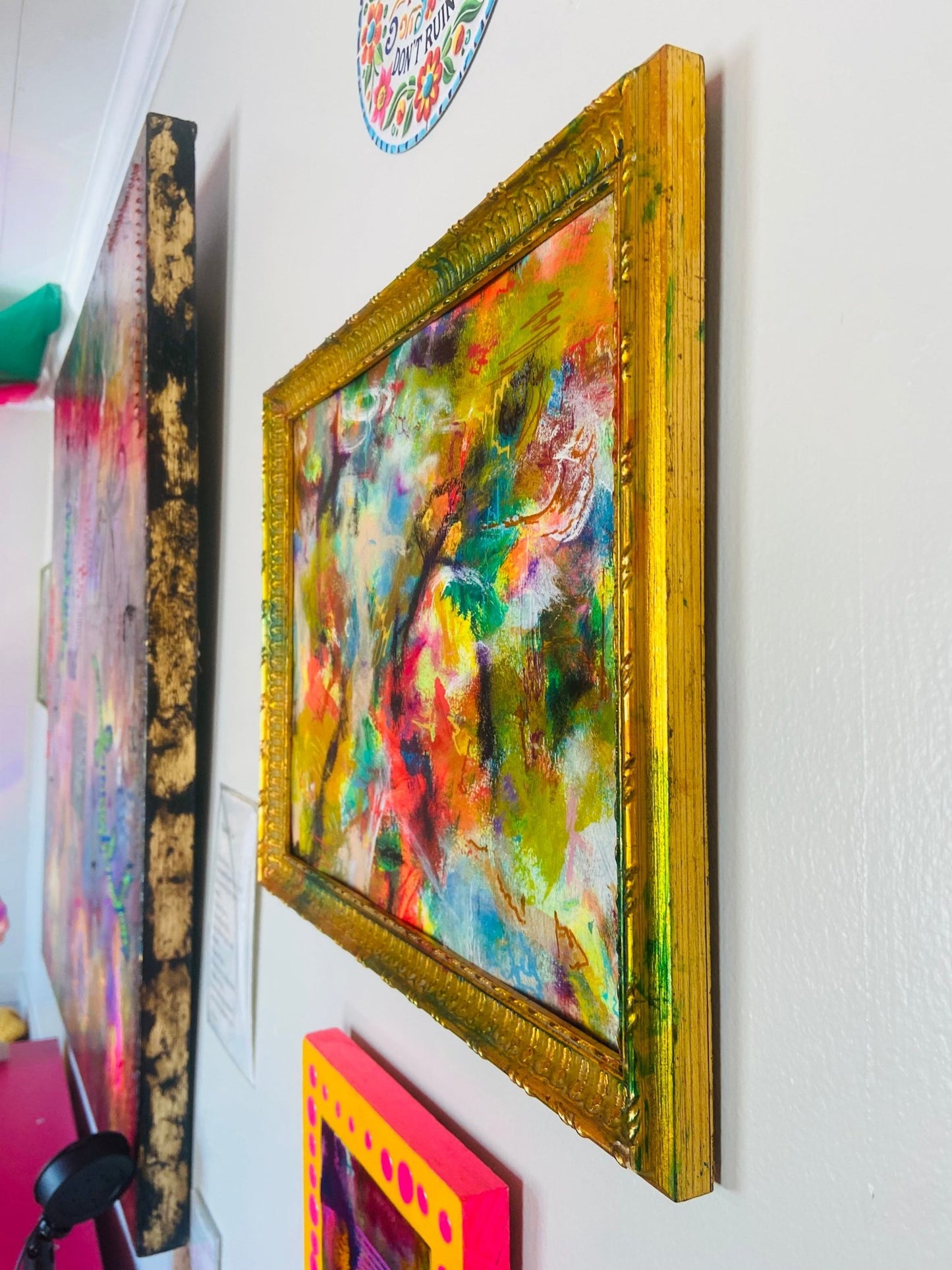 Framed Original Colorful Abstract Painting - Funky Wolf