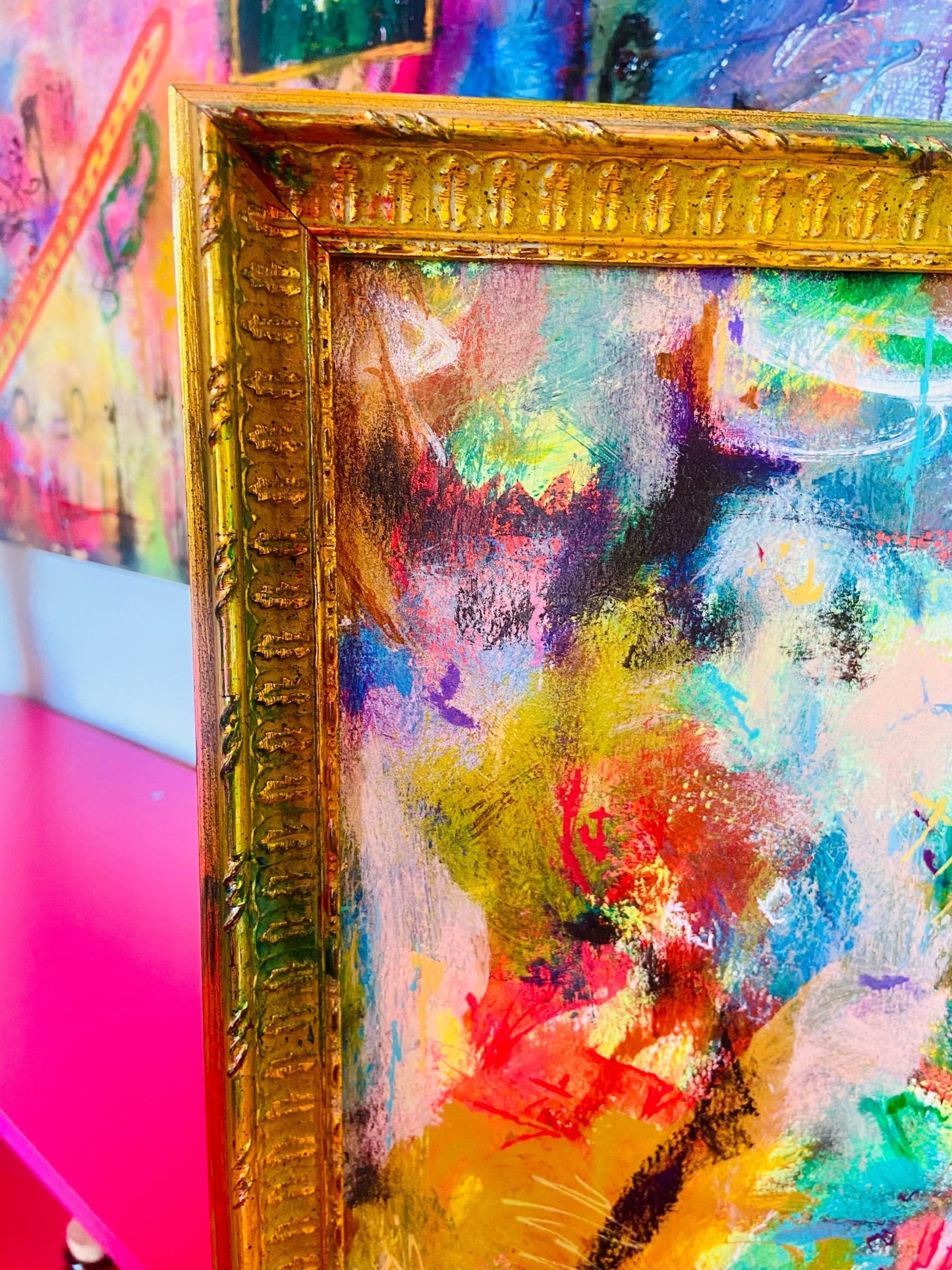 Framed Original Colorful Abstract Painting - Funky Wolf