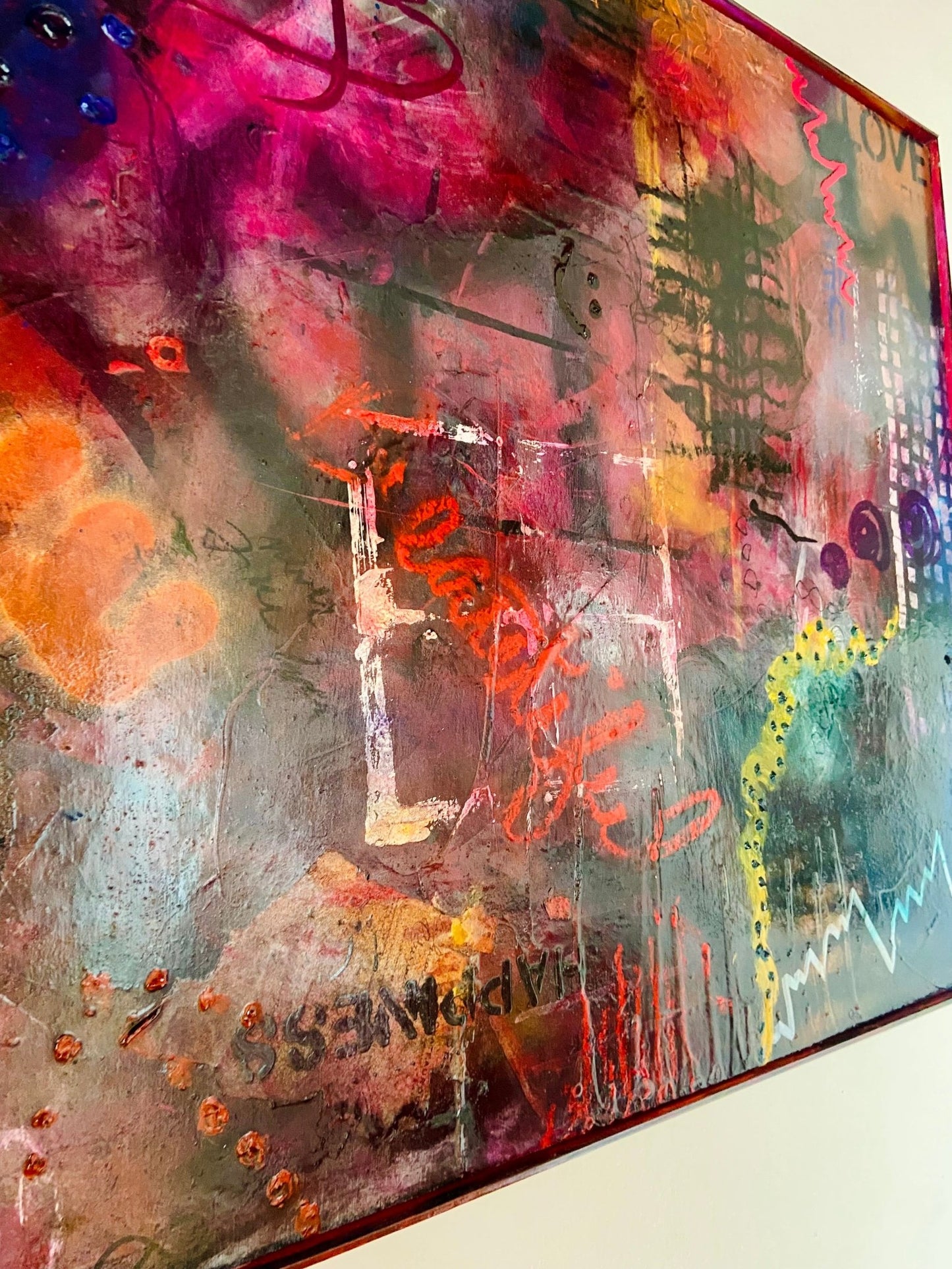 Large Mixed Media Abstract Painting on Wood Panel - Funky Wolf