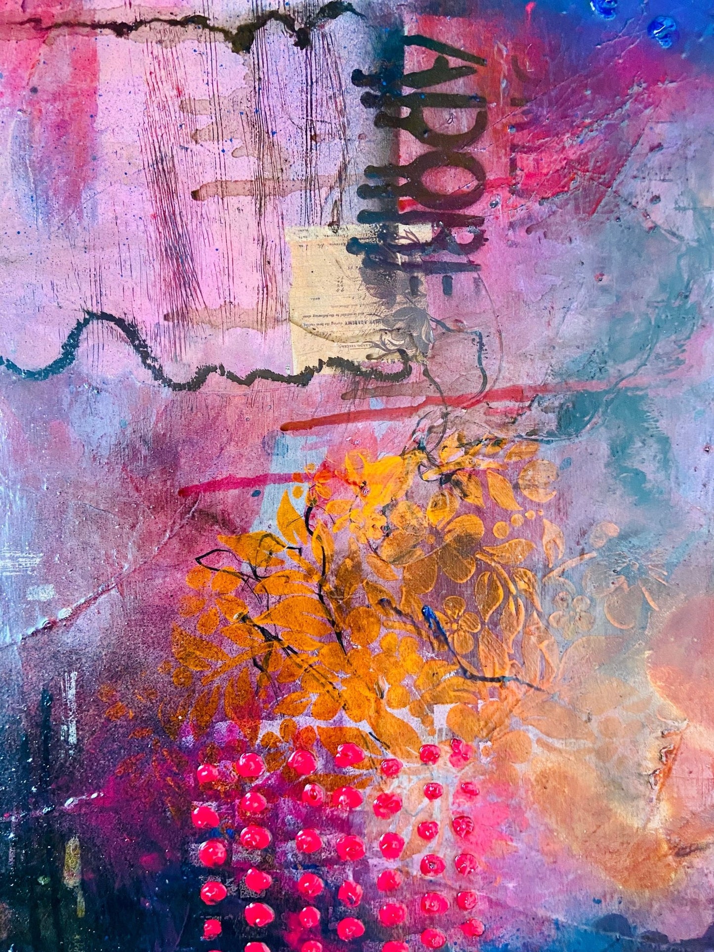 Large Mixed Media Abstract Painting on Wood Panel - Funky Wolf