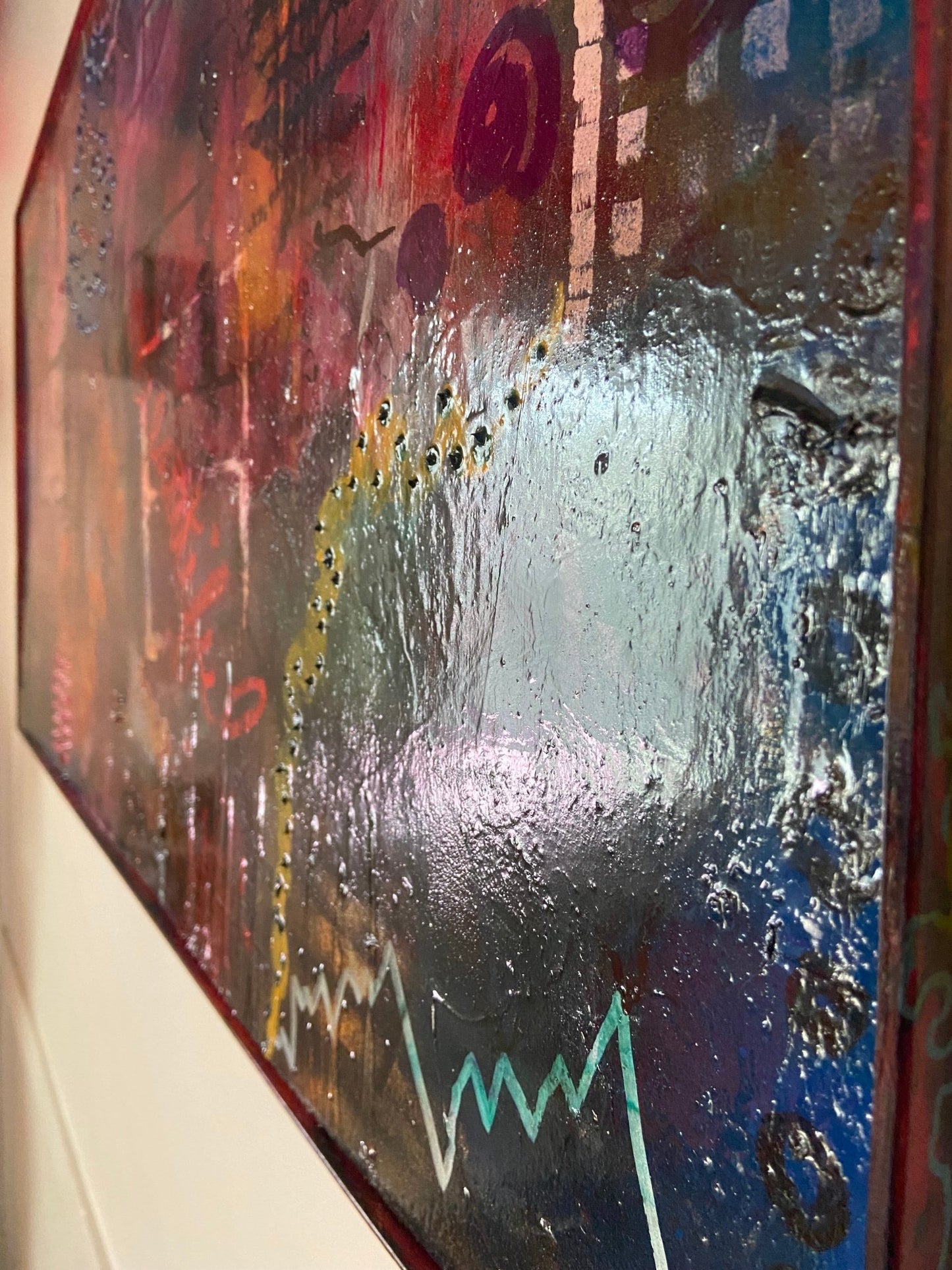 Large Mixed Media Abstract Painting on Wood Panel - Funky Wolf