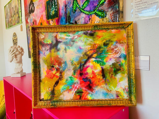 Framed Original Colorful Abstract Painting - Funky Wolf