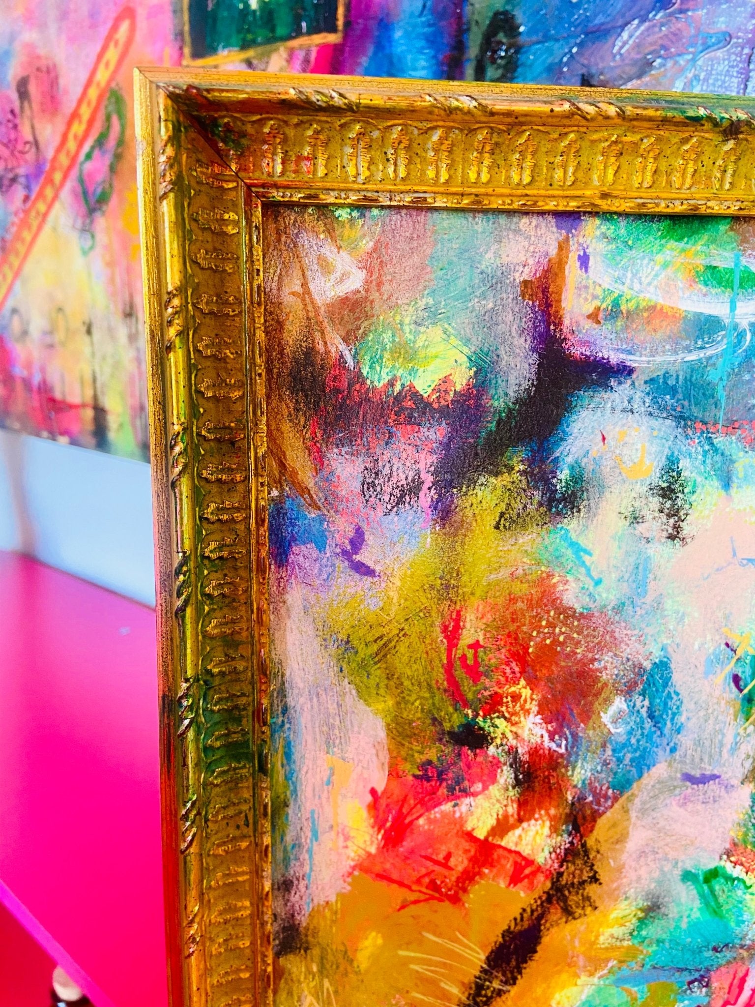 Framed Original Colorful Abstract Painting - Funky Wolf