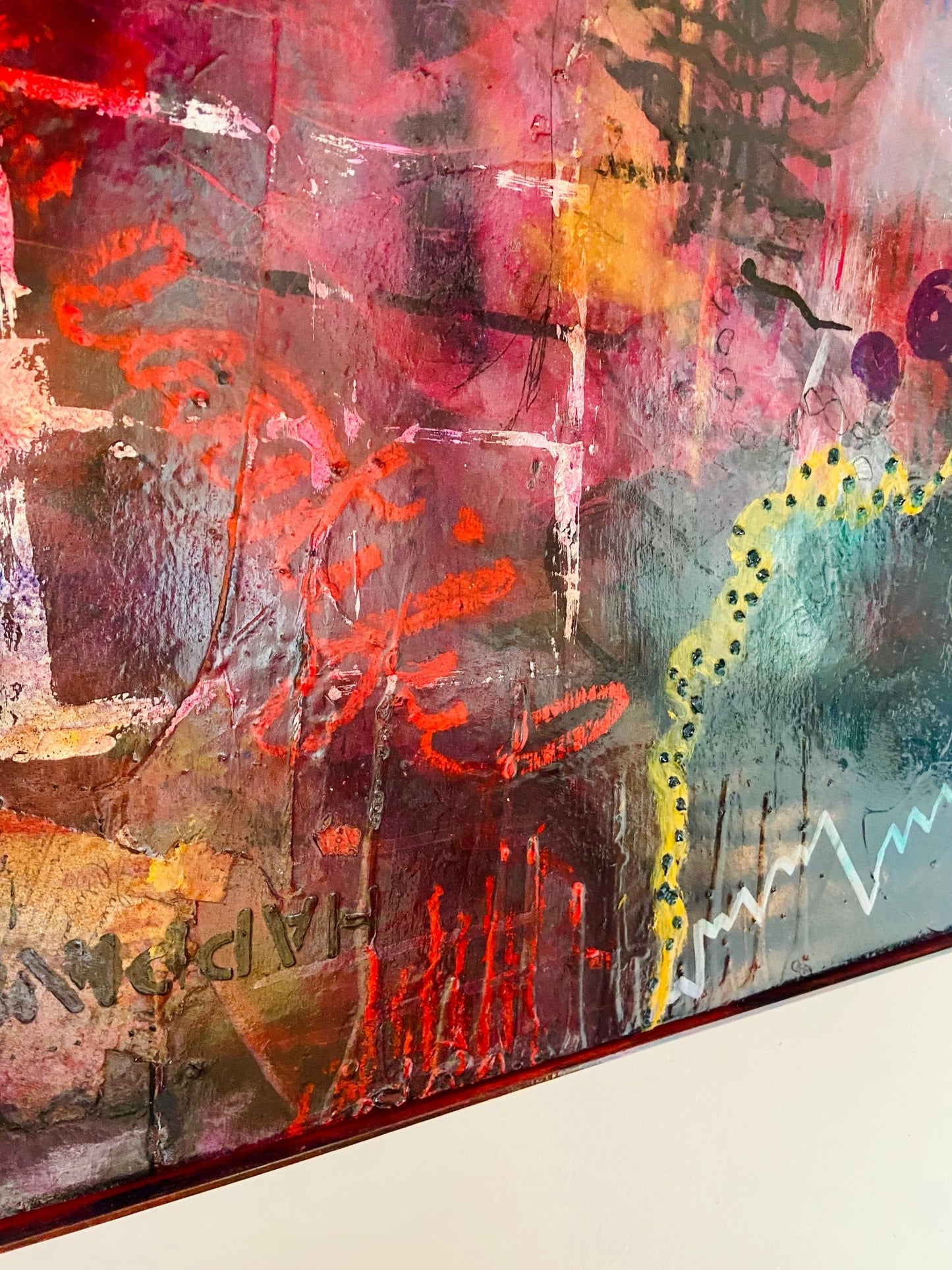 Large Mixed Media Abstract Painting on Wood Panel - Funky Wolf