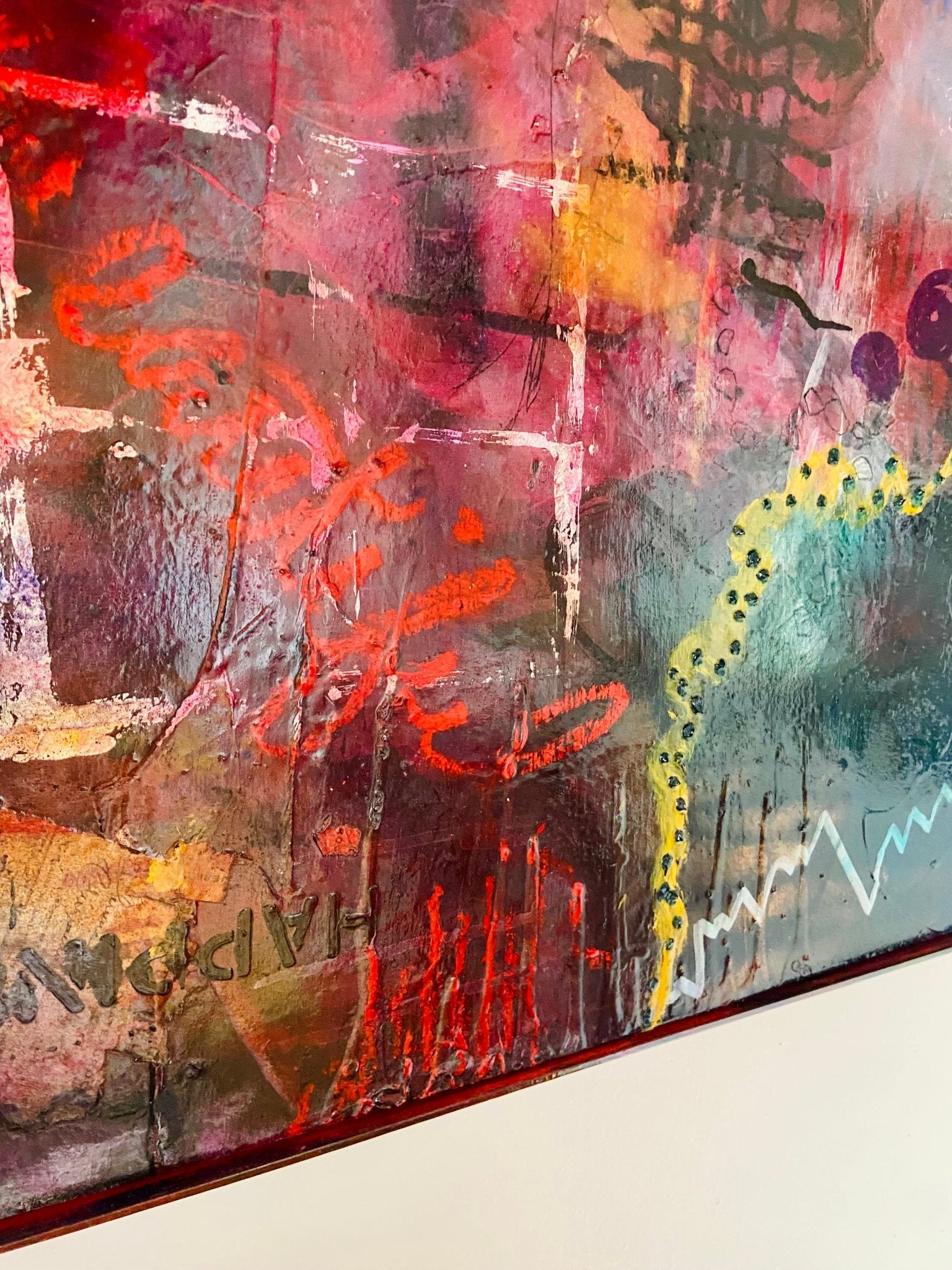 Large Mixed Media Abstract Painting on Wood Panel - Funky Wolf