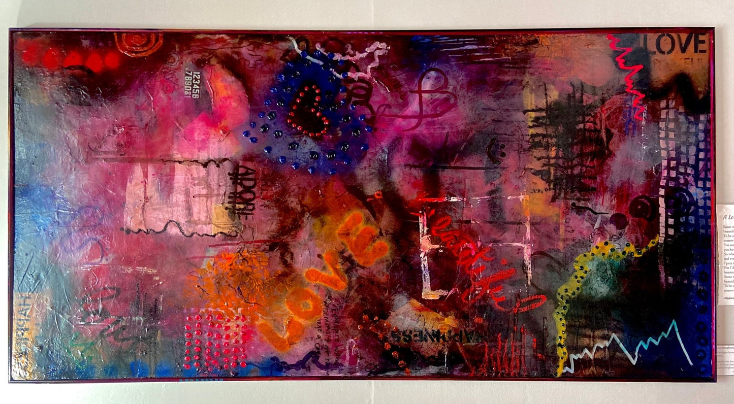 Large Mixed Media Abstract Painting on Wood Panel - Funky Wolf