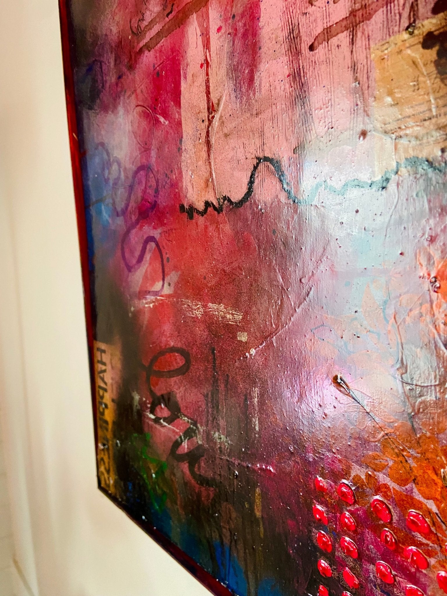 Large Mixed Media Abstract Painting on Wood Panel - Funky Wolf