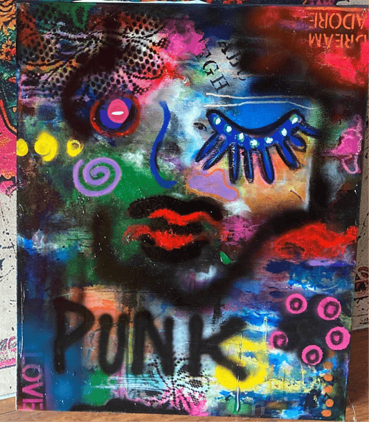 “Punk” - Medium Colorful Original Abstract Canvas Painting - Funky Wolf