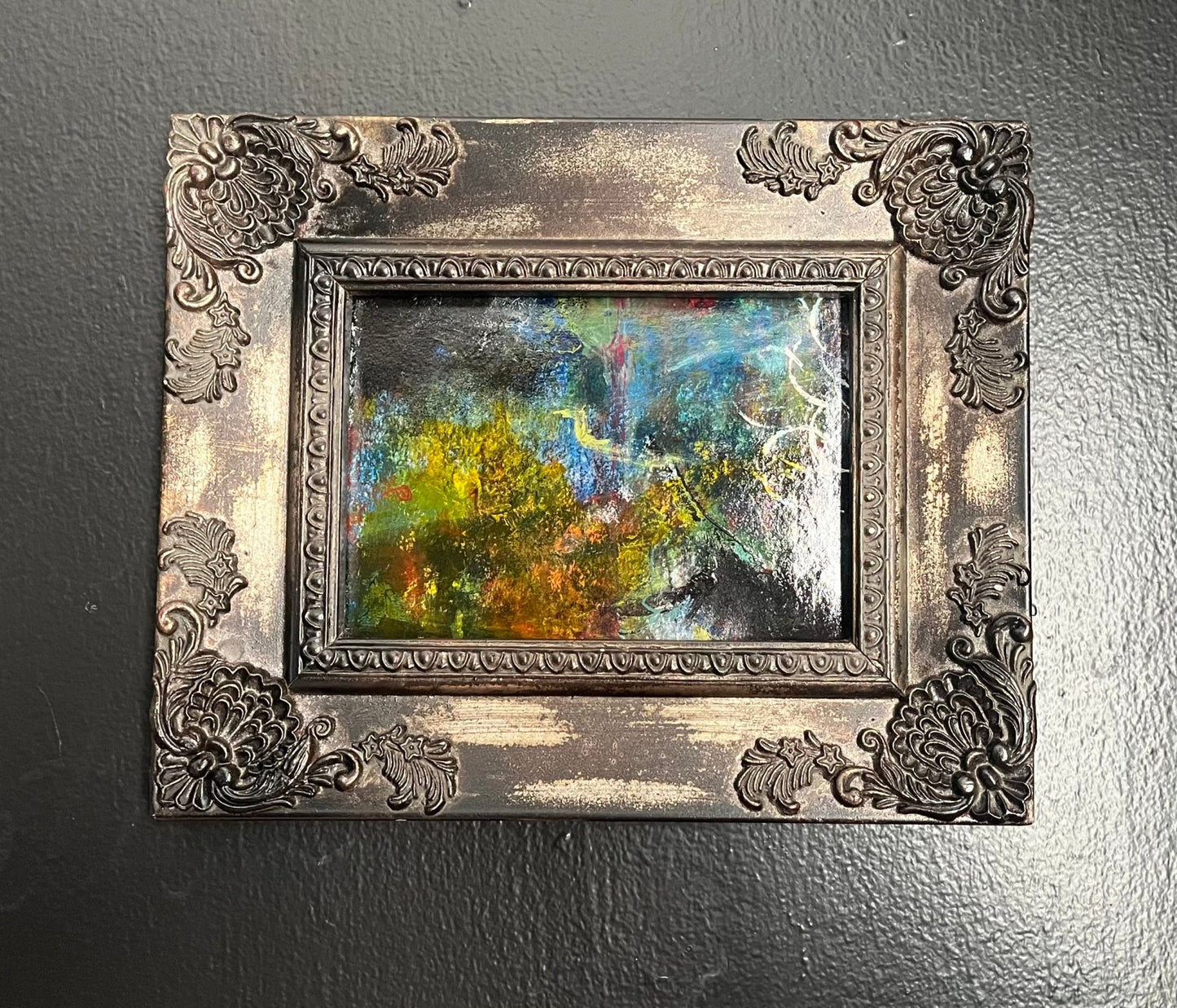 Small Dark Framed Original Abstract Painting - Funky Wolf